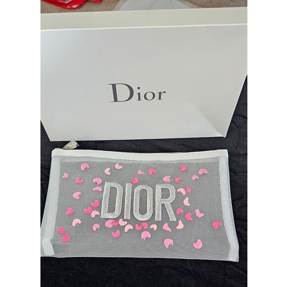 GWP/Novelty DIOR Beaute Embroidered White Mesh Makeup Trousse Pouch White/Pink - Picture 1 of 4